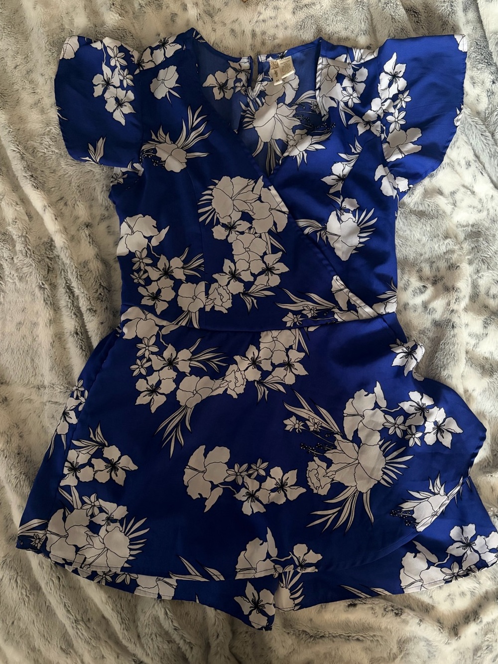 Apt. 9 Royal Blue Floral Wrap Romper with White Hibiscus